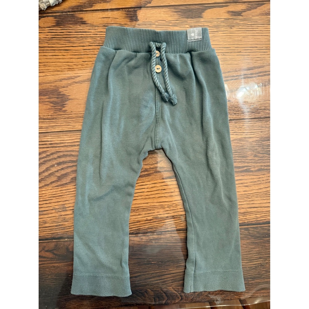 Snug Knit Pants Baby 9-12 Months Green Organic Cotton Ribbed Waist Button Detail